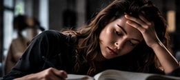 A student feeling fatigued while studying