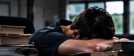 A tired student resting his head on a desk