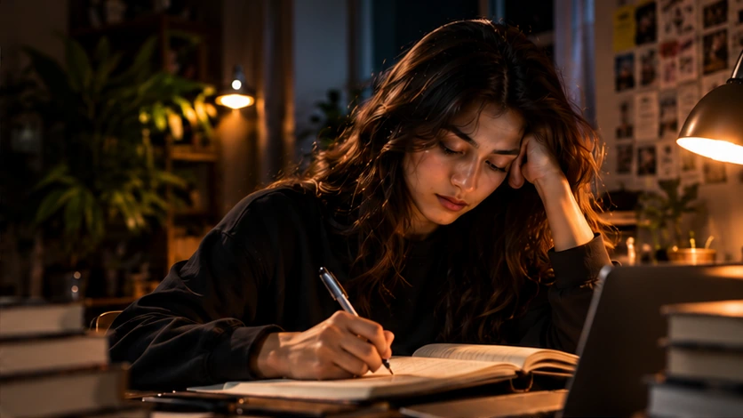 Student studying under warm desk lighting