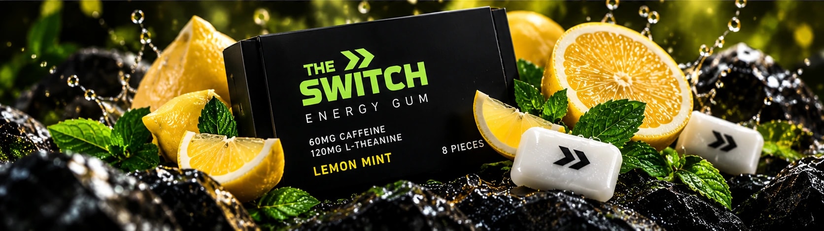 Black The Switch Lemon Mint gum pack with fresh lemon slices and mint
