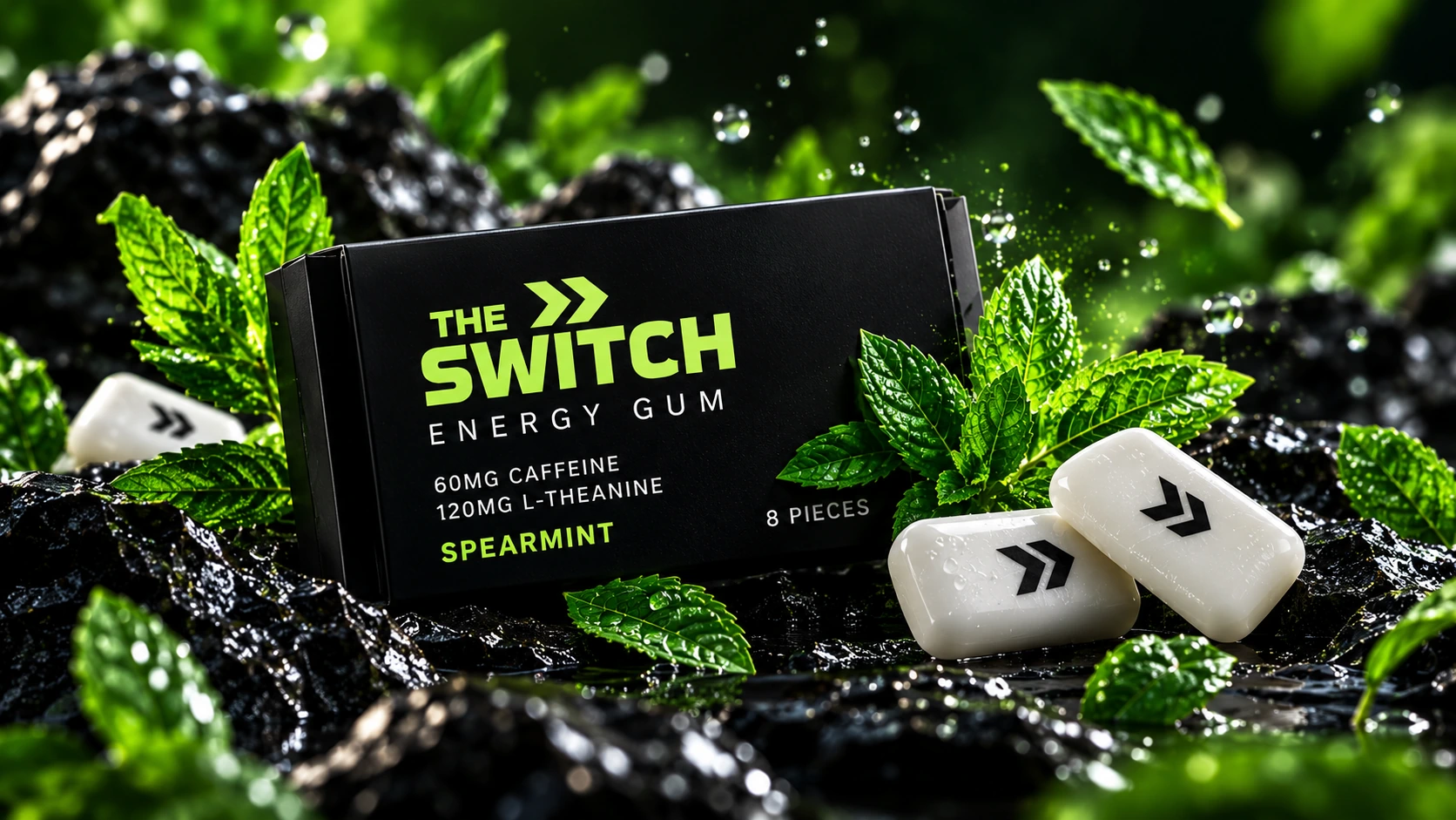Black The Switch Spearmint energy gum pack, mint leaves, black rocks and a white branded gum pellet